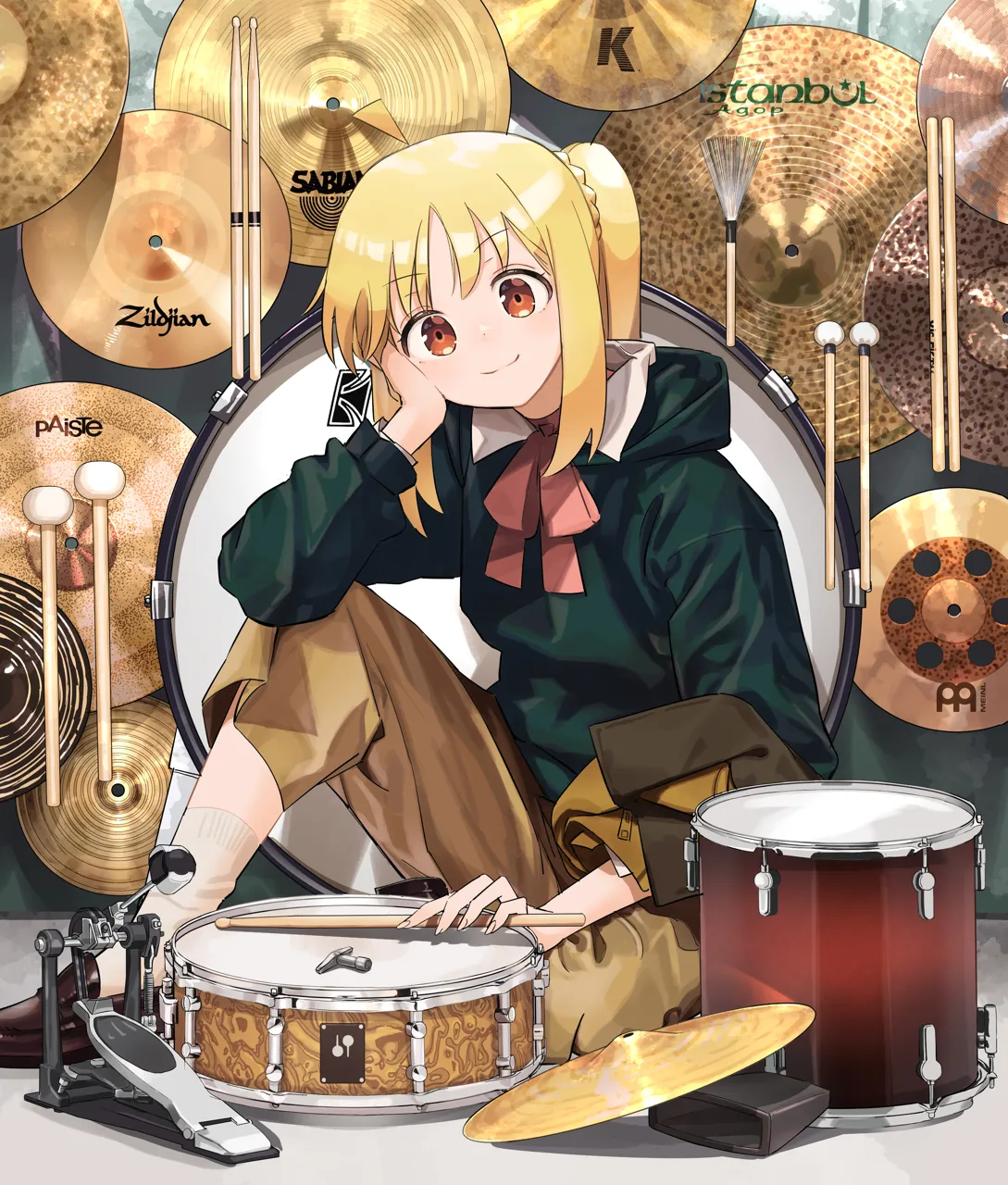 1girl arm_support bow cymbals drum drumsticks head_tilt holding holding_drumsticks hood hoodie instrument long_hair red_bow side_ponytail sidelocks sitting smile solo yellow_eyes oshiri_seijin bocchi_the_rock ijichi_nijika__bocchi_the_rock