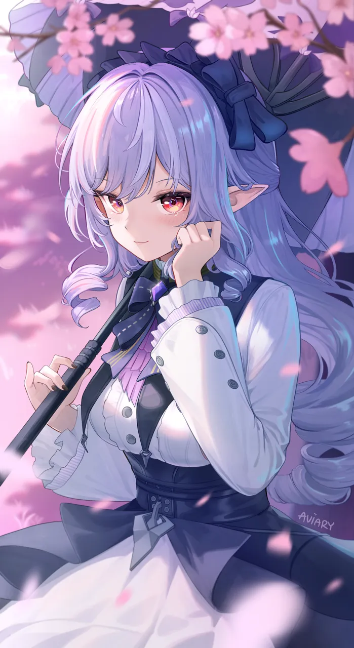 1girl artist_name ascot black_nails black_skirt bow bowtie breasts cherry_blossoms closed_mouth cowboy_shot dress frilled_sleeves frills gem hair_bow hand_up holding holding_umbrella large_breasts long_hair long_sleeves looking_at_viewer nail_polish orange_eyes overskirt parasol pointy_ears purple_ascot purple_bow purple_bowtie purple_gemstone purple_hair purple_umbrella sidelocks skirt smile solo umbrella very_long_hair white_dress aviary zenless_zone_zero vivian__zenless_zone_zero