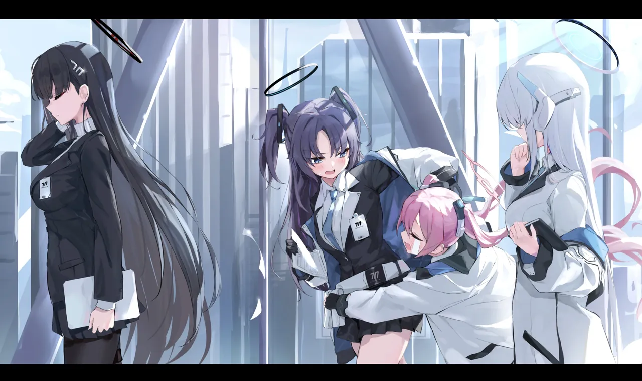 4girls black_gloves black_hair black_jacket blazer blush building crying gloves grey_hair halo holding holding_notepad holding_tablet_pc hug jacket letterboxed long_hair looking_at_another mechanical_halo multicolored_jacket multiple_girls notepad pink_hair purple_hair seminar__blue_archive straight_hair sweatdrop tablet_pc twintails two_tone_jacket two_side_up walking toshizou__0714 blue_archive koyuki__blue_archive noa__blue_archive rio__blue_archive yuuka__blue_archive