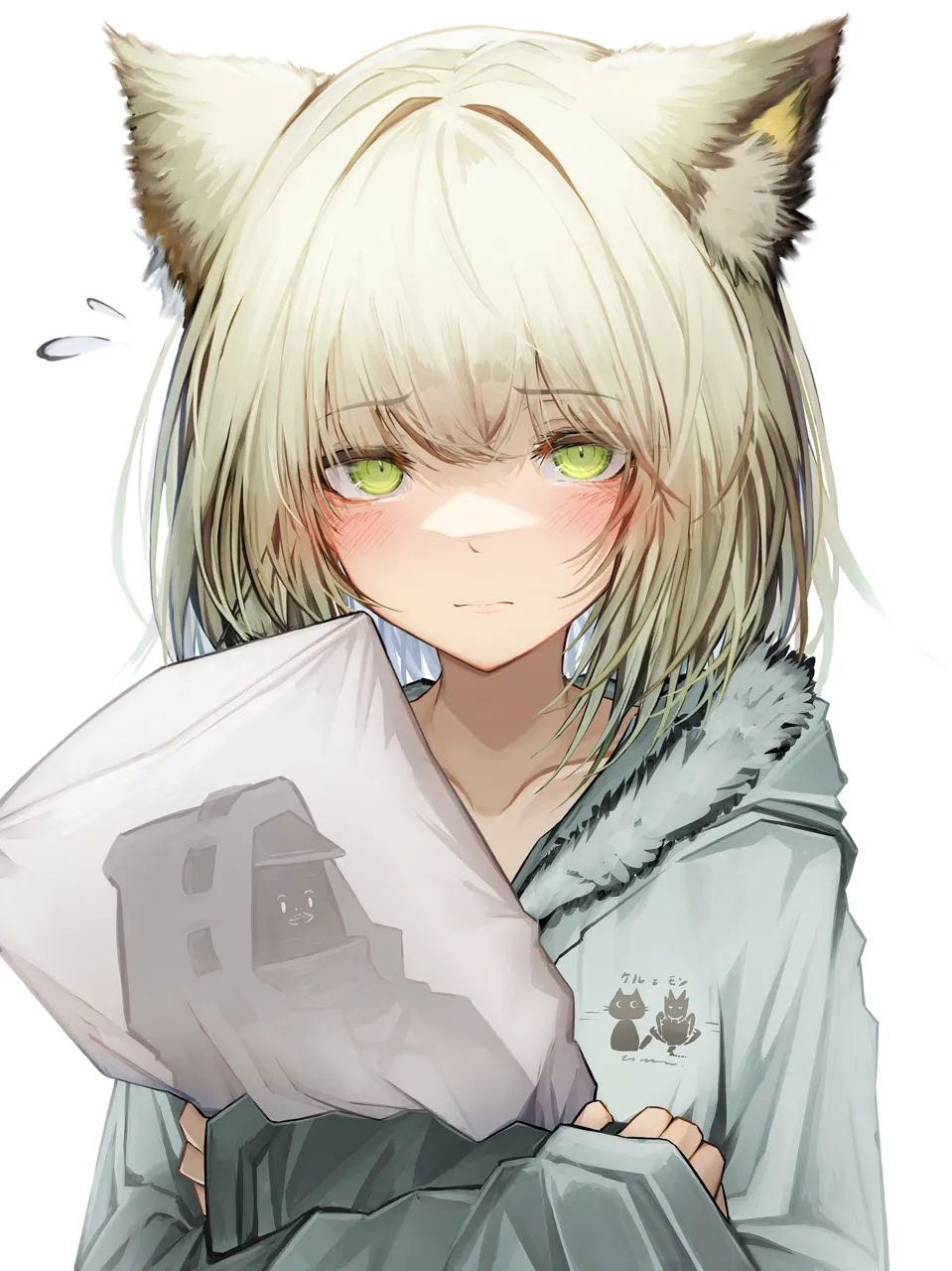 1girl alternate_costume animal_ear_fluff animal_ears blush cameo cat_ears cat_girl closed_mouth dakimakura__object flying_sweatdrops fur_trim green_eyes holding holding_pillow looking_at_viewer pillow simple_background upper_body white_background white_hair tab_head arknights doctor__arknights kal_tsit__arknights