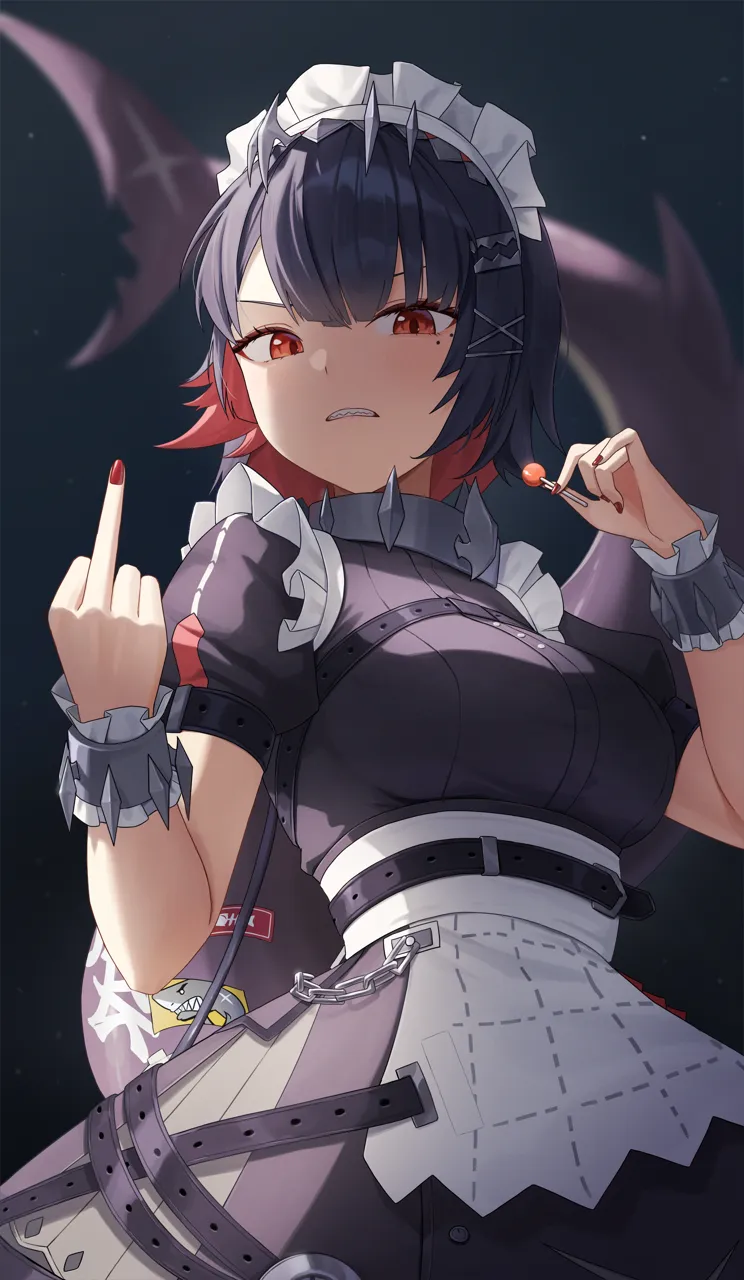 1girl black_hair breasts candy chain clenched_teeth colored_inner_hair fins fish_tail food from_below lollipop looking_at_viewer maid maid_headdress medium_breasts middle_finger mole mole_under_eye multicolored_hair red_eyes red_hair red_nails shark_girl shark_tail sharp_teeth short_hair solo tail teeth nasol zenless_zone_zero ellen_joe__zenless_zone_zero