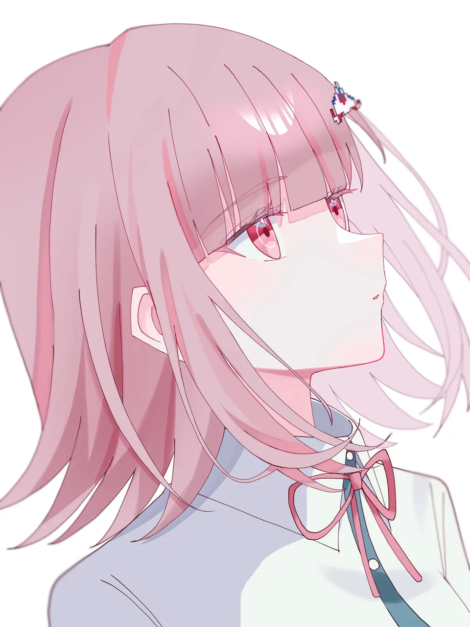 1girl brown_hair collared_shirt flipped_hair from_side hair_ornament medium_hair neck_ribbon pink_eyes pink_ribbon ribbon shirt solo spaceship_hair_ornament two_tone_shirt white_shirt su_no__su_no090 danganronpa__series danganronpa_2__goodbye_despair galaga nanami_chiaki