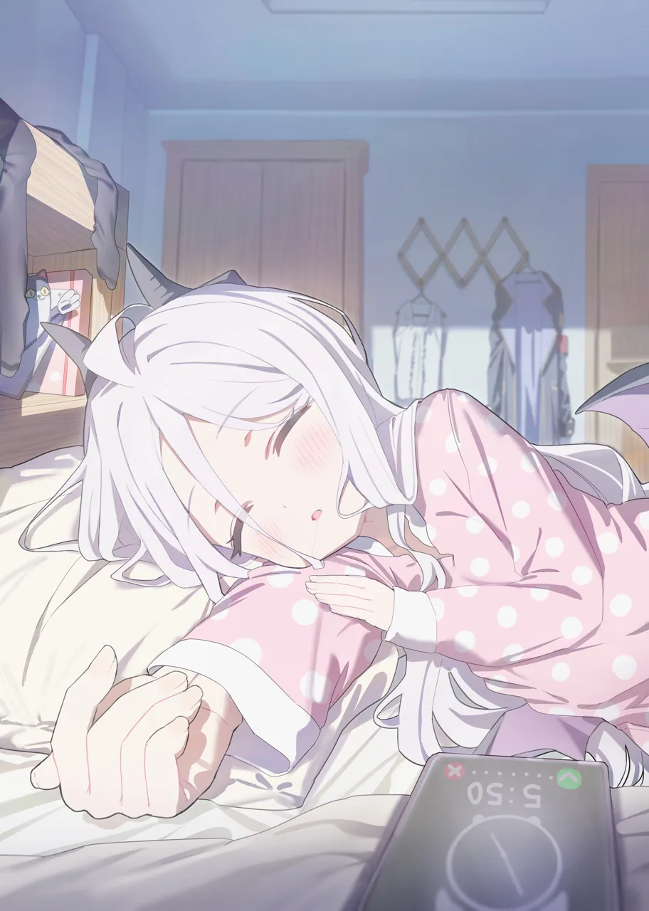 1girl ahoge bed_sheet blush cellphone clothes_hanger coat demon_horns demon_wings dress grey_hair horns indoors long_hair lying official_alternate_costume on_bed on_side open_mouth phone pillow pink_dress polka_dot polka_dot_dress sleeping solo unworn_coat unworn_shirt unworn_thighhighs very_long_hair wings applepie__12711019 blue_archive hina__blue_archive hina__pajamas__blue_archive