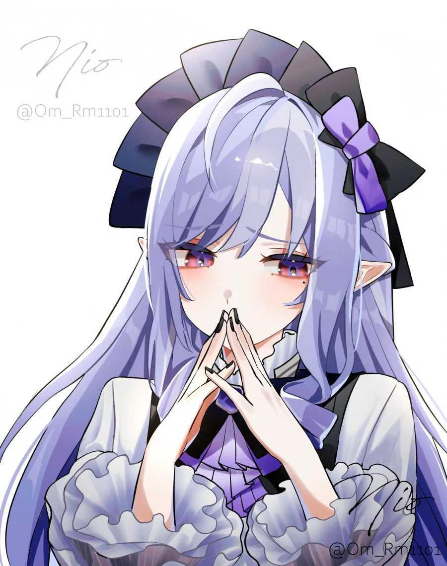 1girl ascot averting_eyes black_nails bow frilled_sleeves frills hair_bow headdress light_blush mole mole_under_eye multicolored_hair nail_polish pointy_ears purple_ascot purple_bow purple_hair red_eyes shirt signature simple_background solo steepled_fingers streaked_hair twitter_username upper_body white_background white_shirt om_rm1101 zenless_zone_zero vivian__zenless_zone_zero
