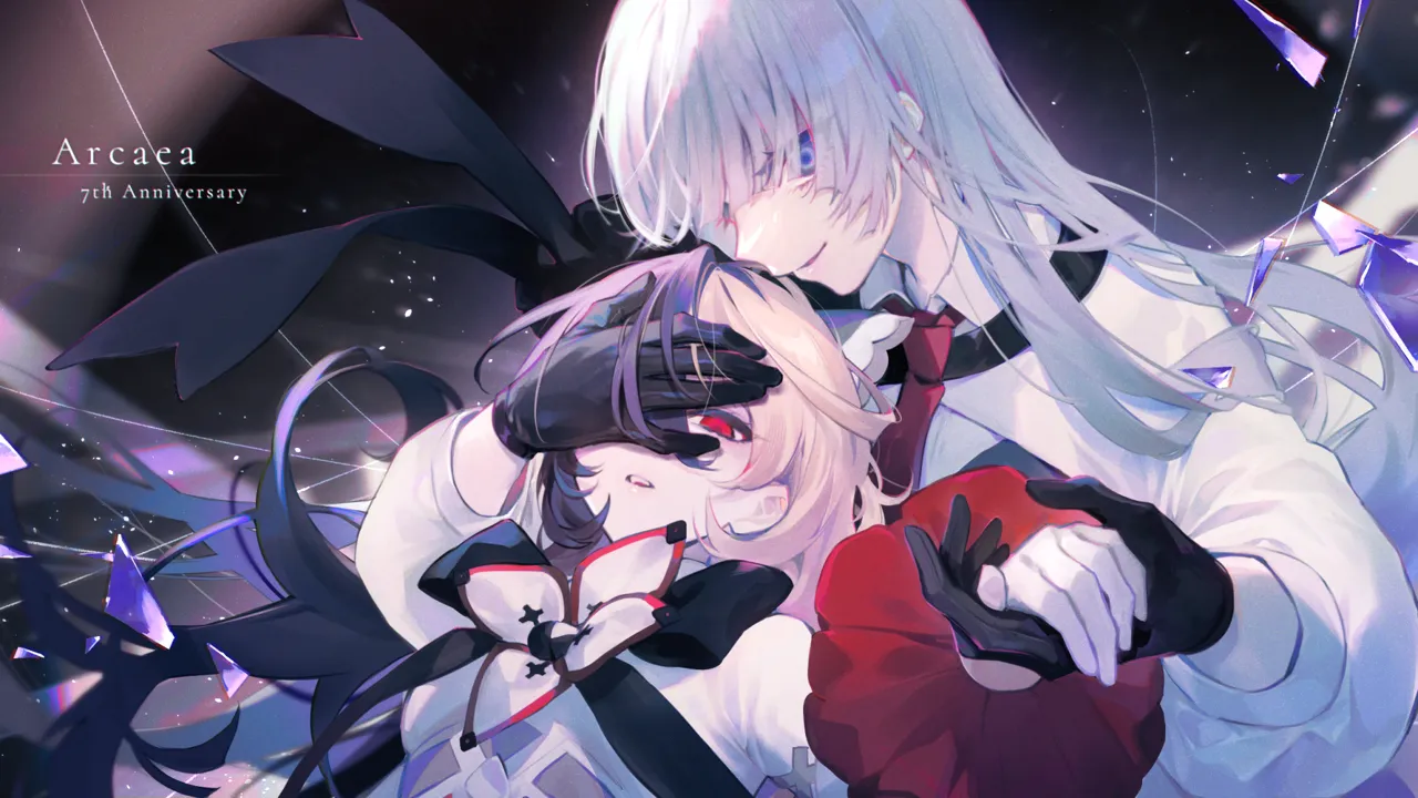2girls ascot black_bow black_bowtie black_gloves black_hair black_ribbon blonde_hair blue_eyes bow bowtie coat collared_shirt english_text epaulettes evil_smile flower glass_shards gloves grey_hair hair_over_eyes holding_hands leaning_back leaning_on_person light_particles light_rays long_hair looking_at_viewer multicolored_hair multiple_girls one_eye_covered portal__object red_ascot red_eyes ribbon sad shirt single_epaulette sleeve_cuffs smile two_tone_hair very_long_hair white_coat white_shirt suzunashi arcaea insight__arcaea maya__arcaea
