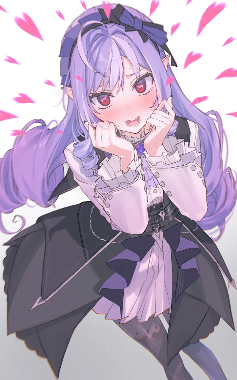 1girl ahoge black_nails blush bow breasts dress frills gradient_background grey_background hair_intakes heart heart_shaped_pupils long_hair long_sleeves looking_at_viewer mole mole_under_eye open_mouth pointy_ears purple_hair red_eyes sketch smile solo symbol_shaped_pupils teeth white_background zakki3939 zenless_zone_zero vivian__zenless_zone_zero