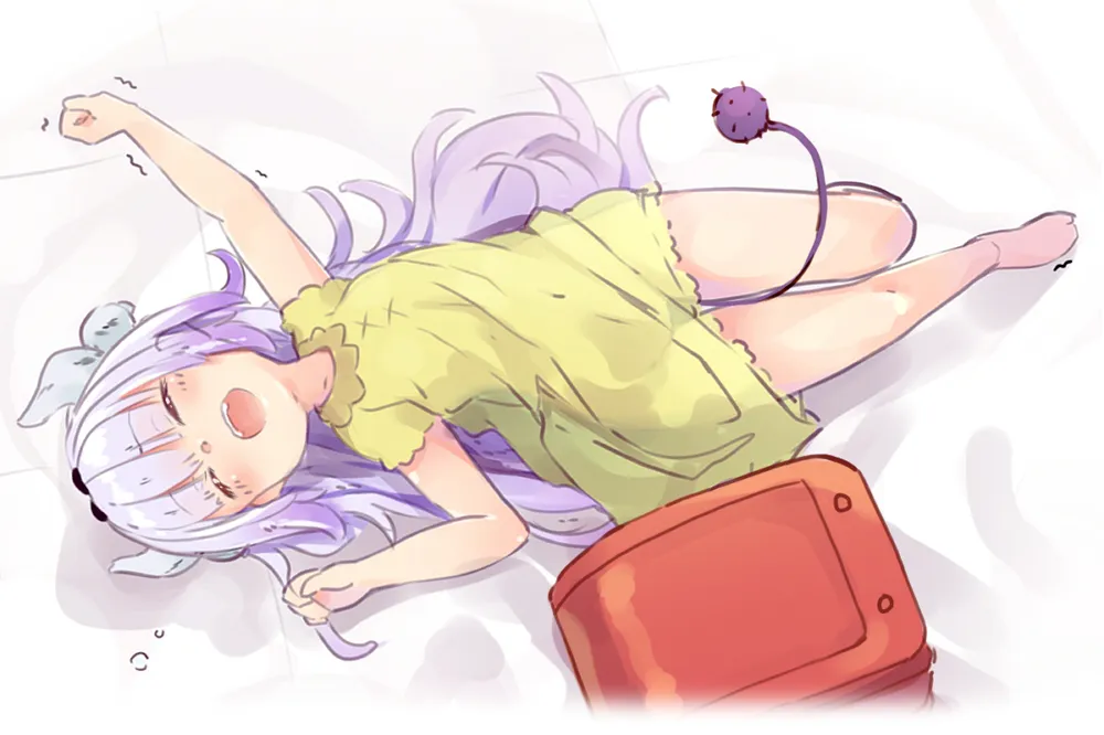 1girl backpack bag barefoot blunt_bangs blush child closed_eyes dragon_girl dragon_horns dress hairband horns long_hair lying on_back pajamas purple_hair randoseru see_through_silhouette sleeping solo tail chonbo__artist kobayashi_san_chi_no_maidragon kanna_kamui