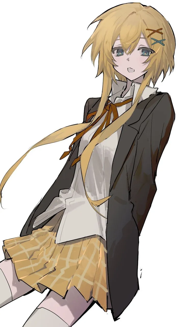 1girl hair_ornament jacket looking_at_viewer open_mouth plaid plaid_skirt ribbon school_uniform shirt short_hair simple_background skirt solo thighhighs white_background white_legwear white_shirt x_hair_ornament