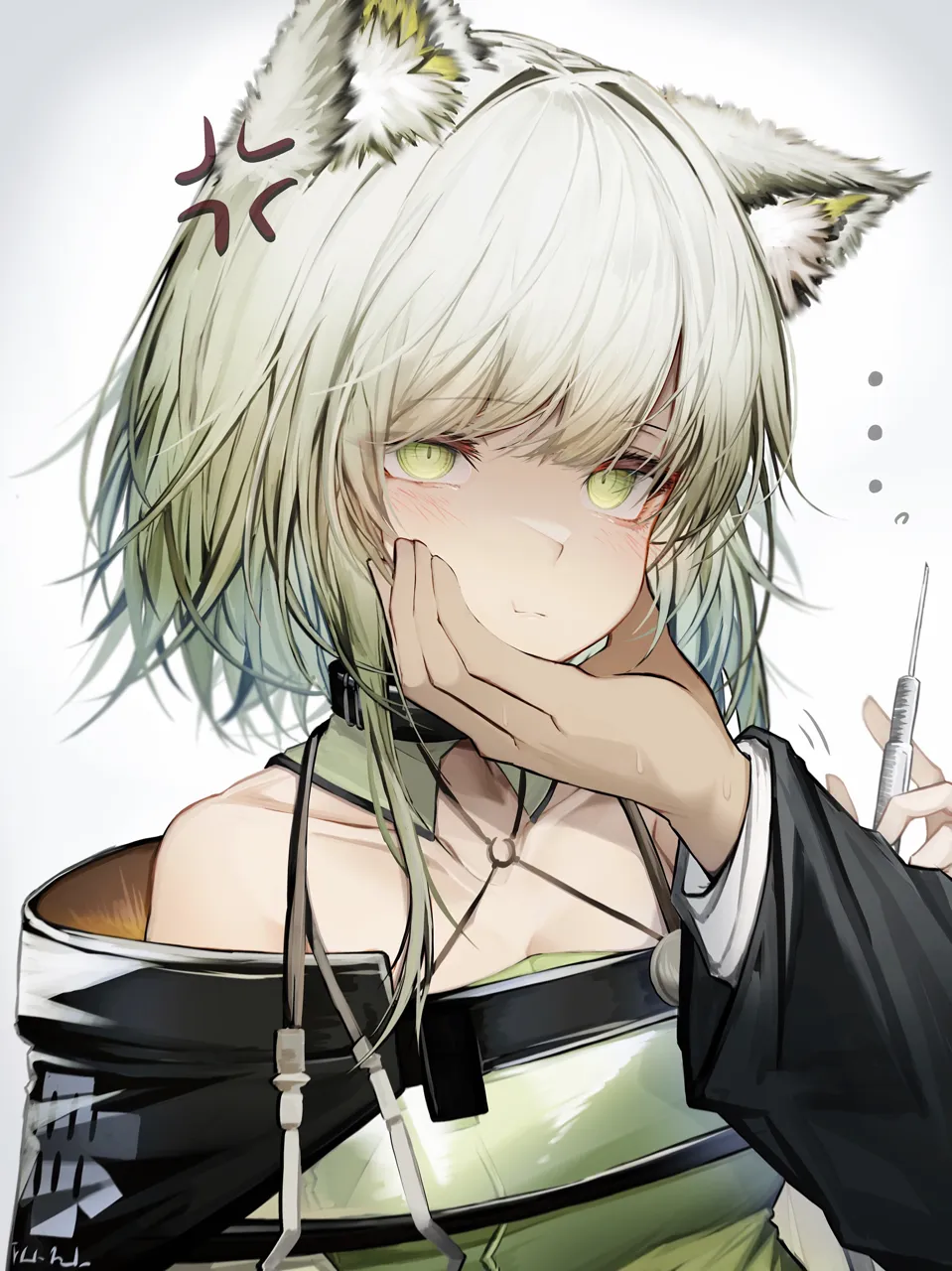 1girl anger_vein animal_ear_fluff animal_ears breasts cheek_squash cleavage collarbone green_eyes green_hair holding holding_syringe looking_at_viewer short_hair solo_focus star_of_life syringe upper_body tab_head arknights kal_tsit__arknights